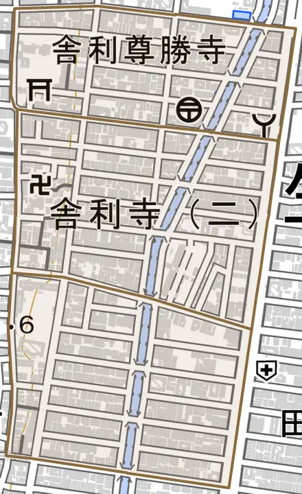 舎利寺とその周辺の地図。町の範囲を重ねている