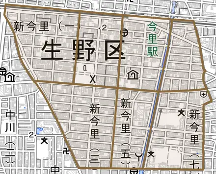 新今里とその周辺の地図。町の範囲を重ねている