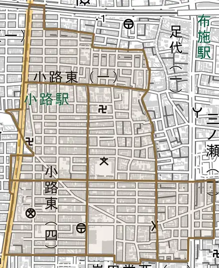 小路東とその周辺の地図。町の範囲を重ねている