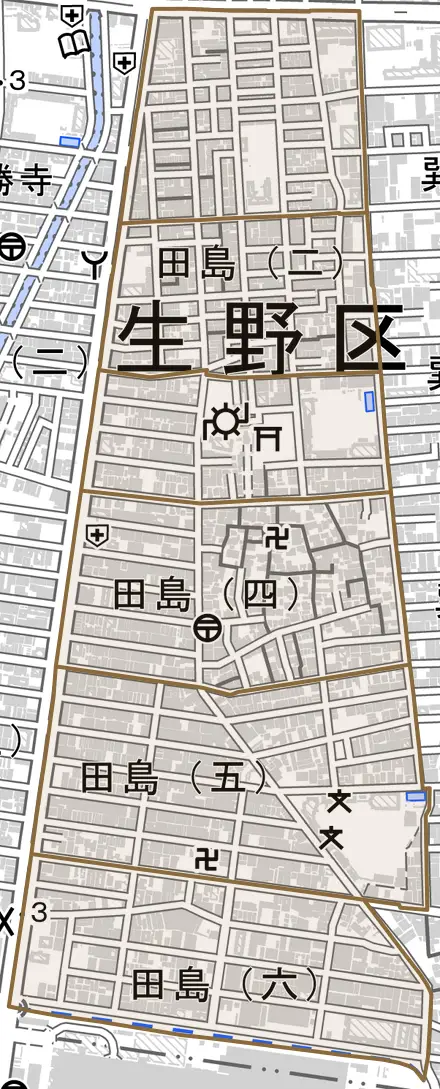 田島とその周辺の地図。町の範囲を重ねている