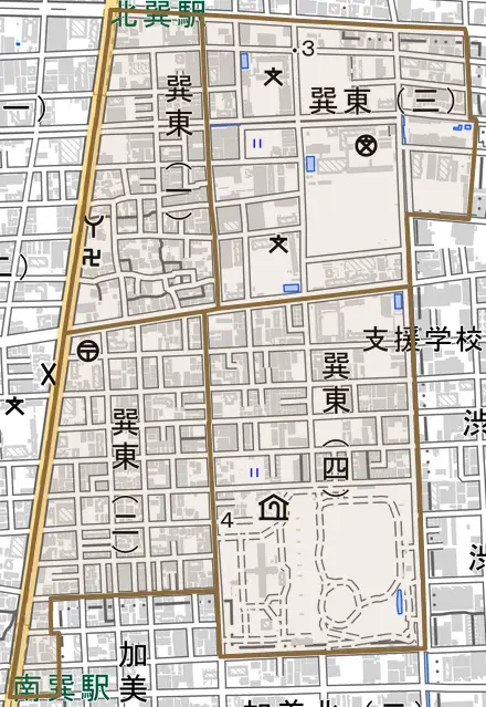 巽東とその周辺の地図。町の範囲を重ねている