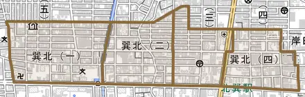 巽北とその周辺の地図。町の範囲を重ねている