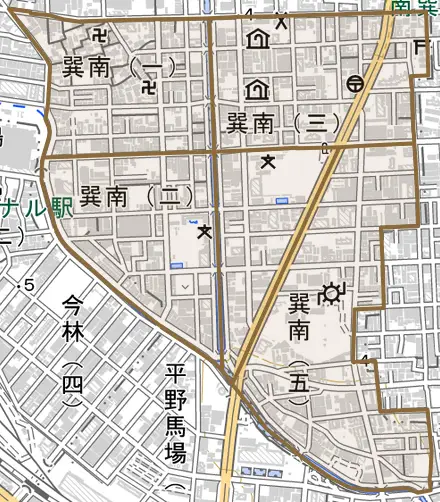巽南とその周辺の地図。町の範囲を重ねている