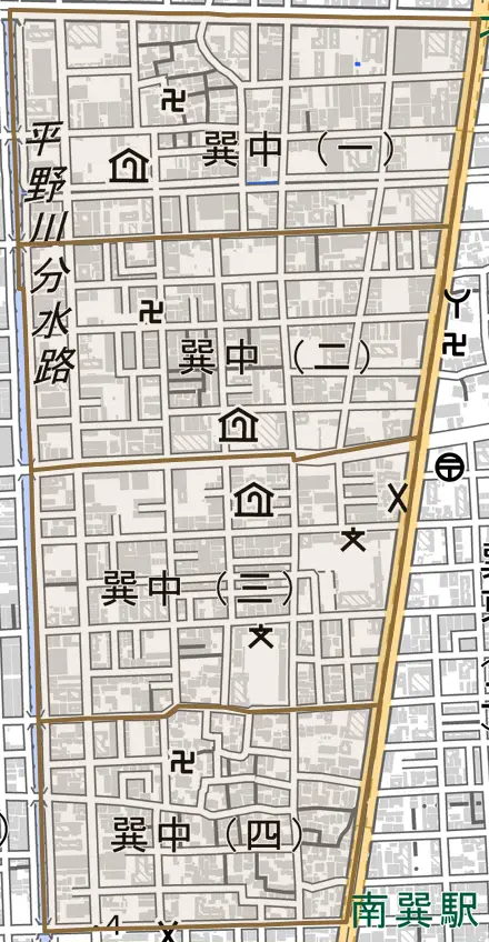 巽中とその周辺の地図。町の範囲を重ねている