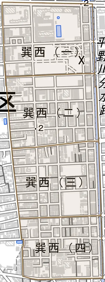 巽西とその周辺の地図。町の範囲を重ねている