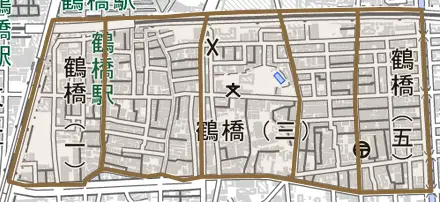 鶴橋とその周辺の地図。町の範囲を重ねている