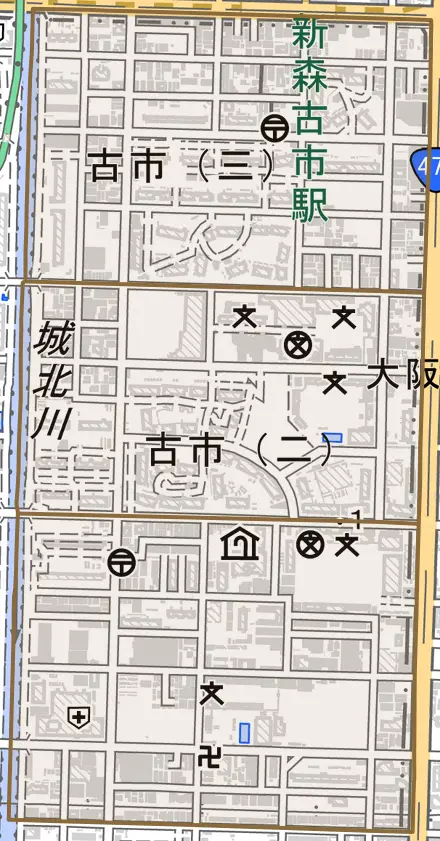 古市とその周辺の地図。町の範囲を重ねている
