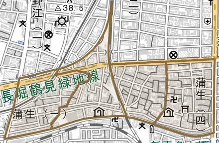 蒲生とその周辺の地図。町の範囲を重ねている