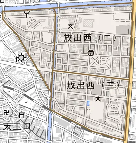 放出西とその周辺の地図。町の範囲を重ねている