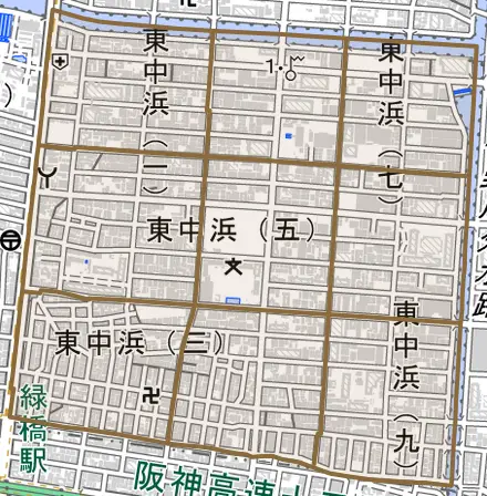 東中浜とその周辺の地図。町の範囲を重ねている