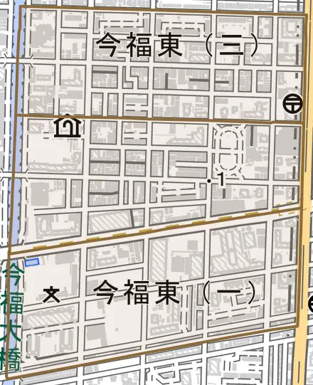 今福東とその周辺の地図。町の範囲を重ねている