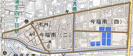 今福南とその周辺の地図。町の範囲を重ねている