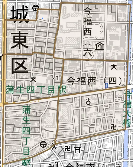 今福西とその周辺の地図。町の範囲を重ねている