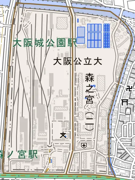 森之宮とその周辺の地図。町の範囲を重ねている