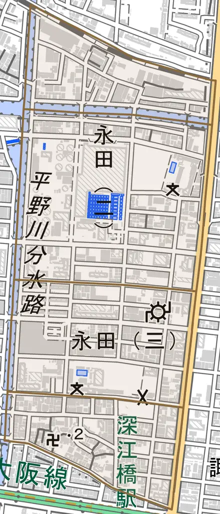 永田とその周辺の地図。町の範囲を重ねている