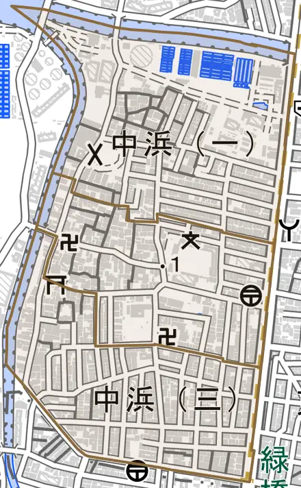 中浜とその周辺の地図。町の範囲を重ねている