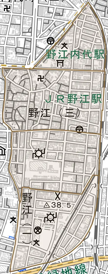 野江とその周辺の地図。町の範囲を重ねている