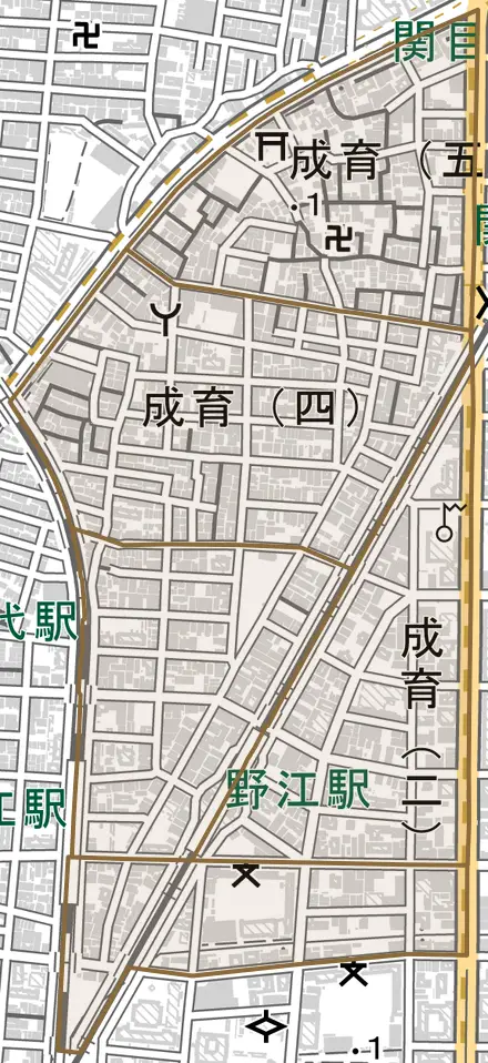 成育とその周辺の地図。町の範囲を重ねている