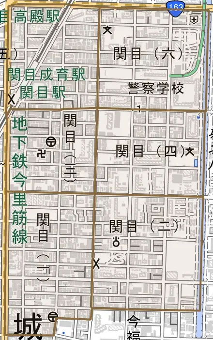 関目とその周辺の地図。町の範囲を重ねている