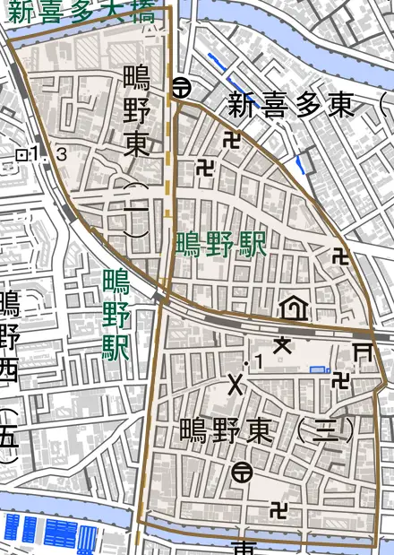 鴫野東とその周辺の地図。町の範囲を重ねている
