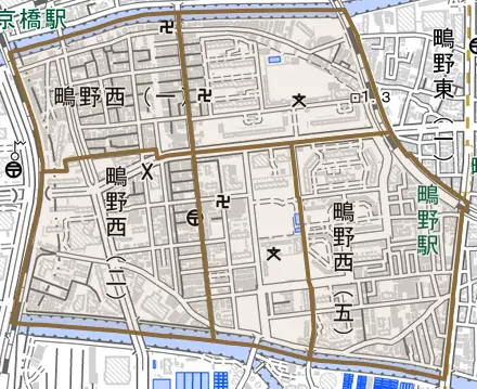 鴫野西とその周辺の地図。町の範囲を重ねている