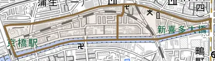新喜多とその周辺の地図。町の範囲を重ねている