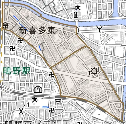新喜多東とその周辺の地図。町の範囲を重ねている