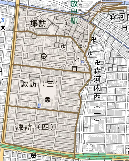 諏訪とその周辺の地図。町の範囲を重ねている