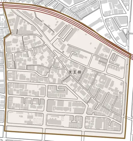 天王田とその周辺の地図。町の範囲を重ねている