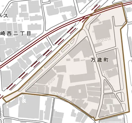 万歳町とその周辺の地図。町の範囲を重ねている