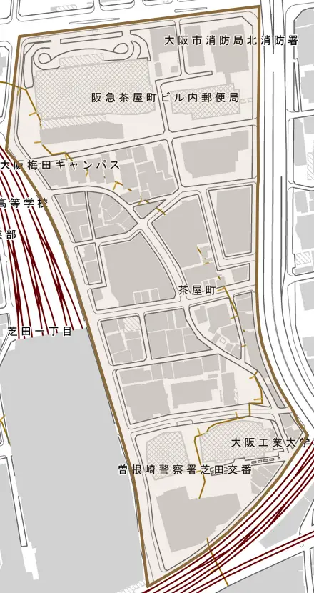 茶屋町とその周辺の地図。町の範囲を重ねている