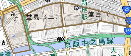 堂島とその周辺の地図。町の範囲を重ねている