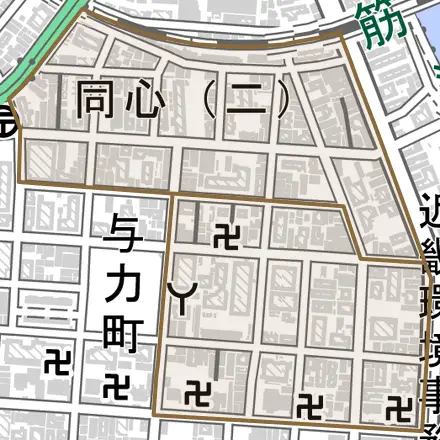 同心とその周辺の地図。町の範囲を重ねている