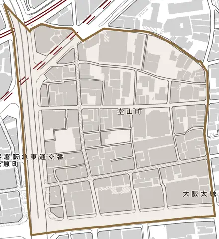 堂山町とその周辺の地図。町の範囲を重ねている