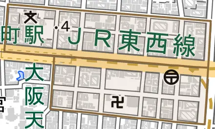 東天満とその周辺の地図。町の範囲を重ねている