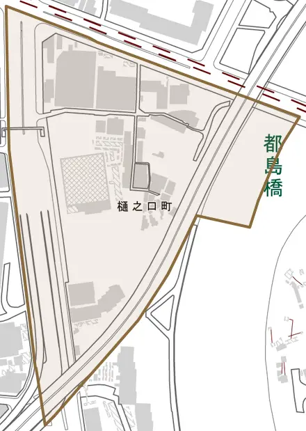樋之口町とその周辺の地図。町の範囲を重ねている