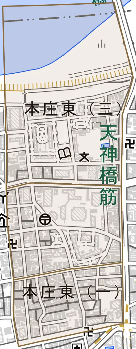 本庄東とその周辺の地図。町の範囲を重ねている