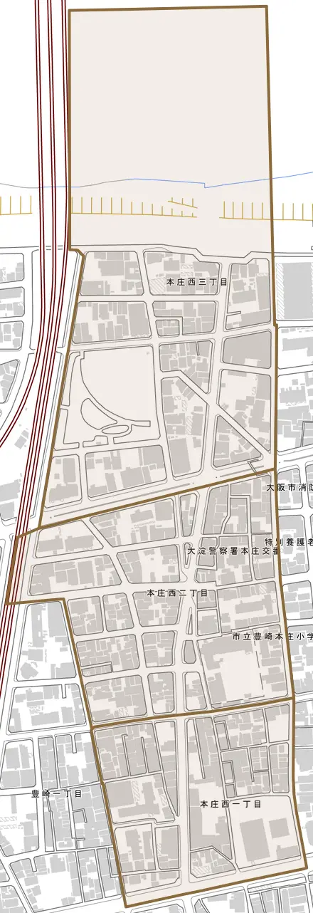 本庄西とその周辺の地図。町の範囲を重ねている