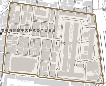 池田町とその周辺の地図。町の範囲を重ねている