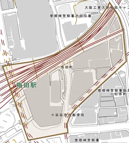 角田町とその周辺の地図。町の範囲を重ねている