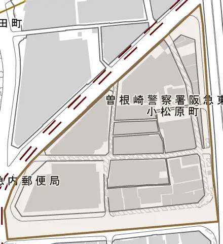 小松原町とその周辺の地図。町の範囲を重ねている