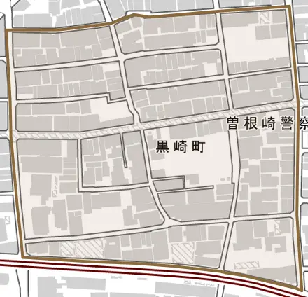 黒崎町とその周辺の地図。町の範囲を重ねている
