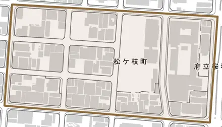 松ケ枝町とその周辺の地図。町の範囲を重ねている