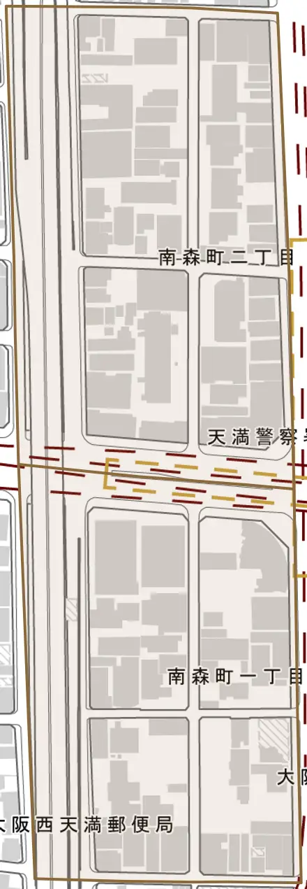 南森町とその周辺の地図。町の範囲を重ねている