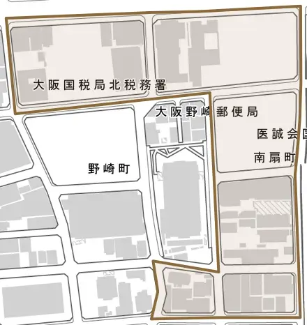 南扇町とその周辺の地図。町の範囲を重ねている