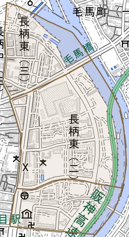 長柄東とその周辺の地図。町の範囲を重ねている
