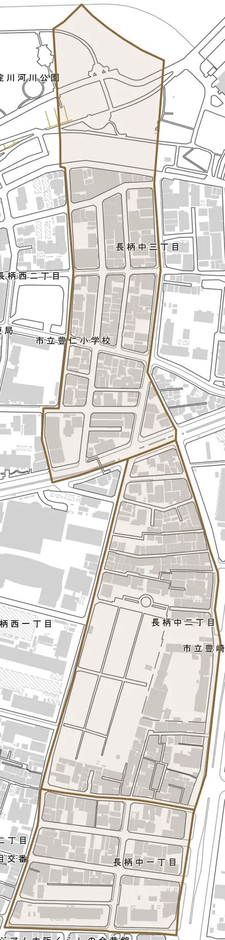 長柄中とその周辺の地図。町の範囲を重ねている