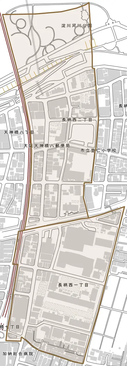 長柄西とその周辺の地図。町の範囲を重ねている
