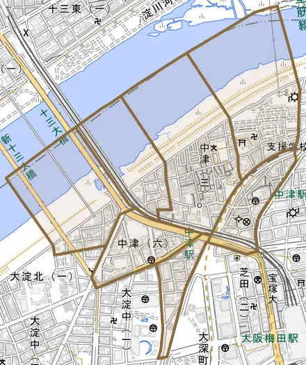 中津とその周辺の地図。町の範囲を重ねている