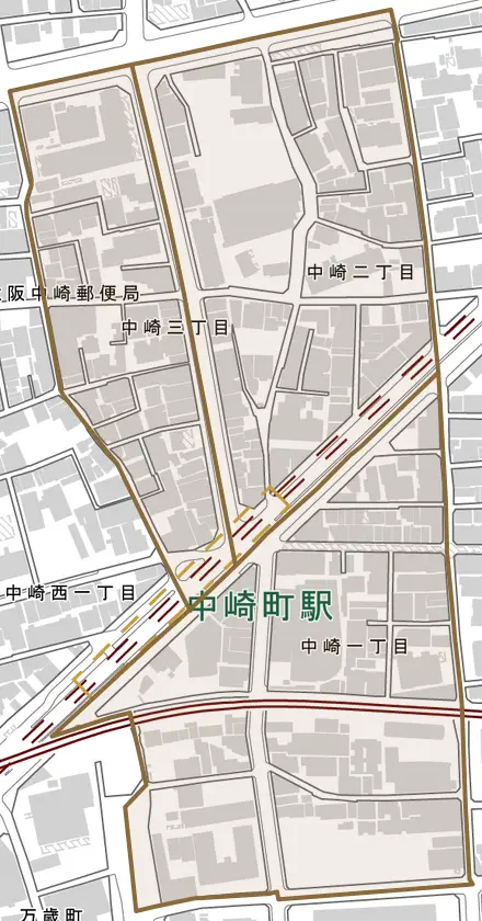 中崎とその周辺の地図。町の範囲を重ねている